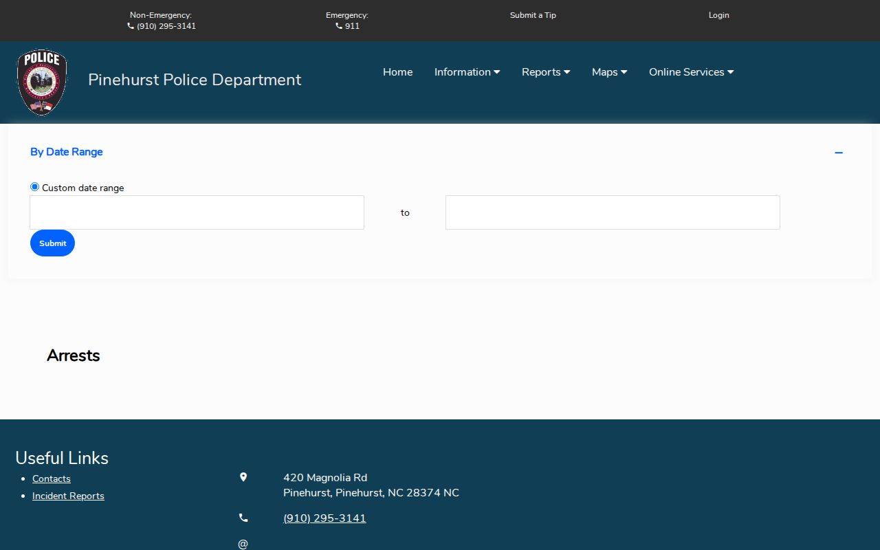 Official Pinehurst Police date-range arrest search interface