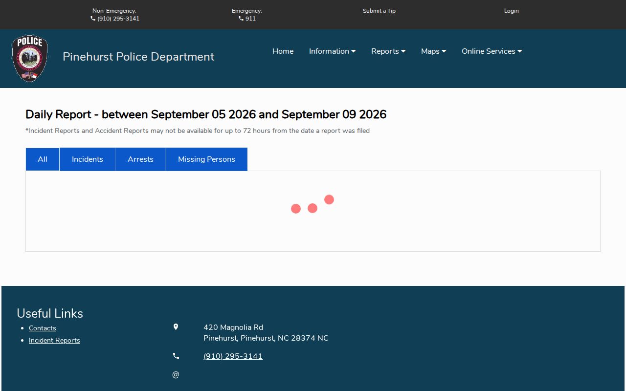 Pinehurst Police Daily Report filters and delay notice