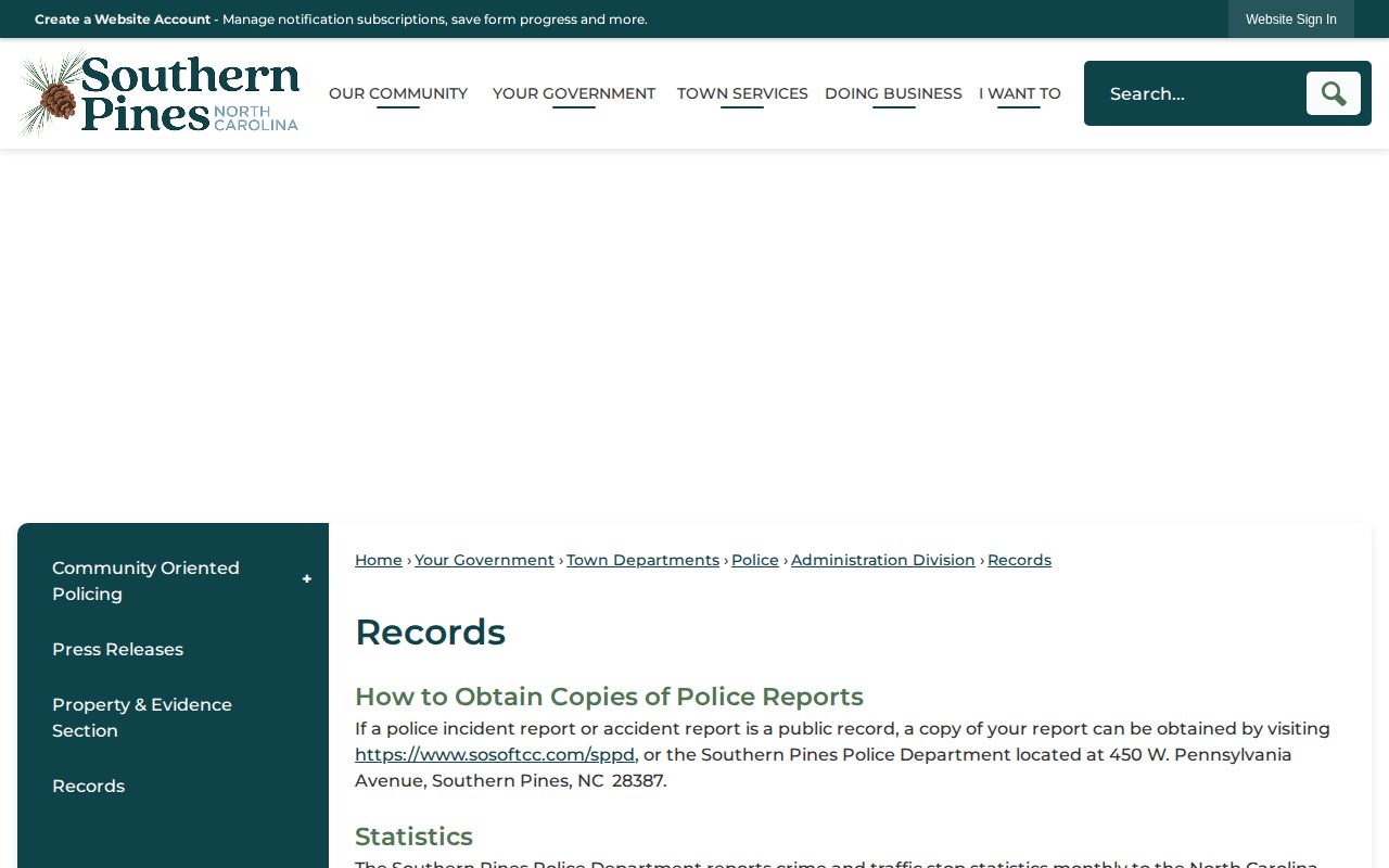 Southern Pines Police official records page and online report access