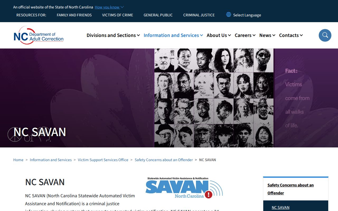 North Carolina NC SAVAN official custody notification page